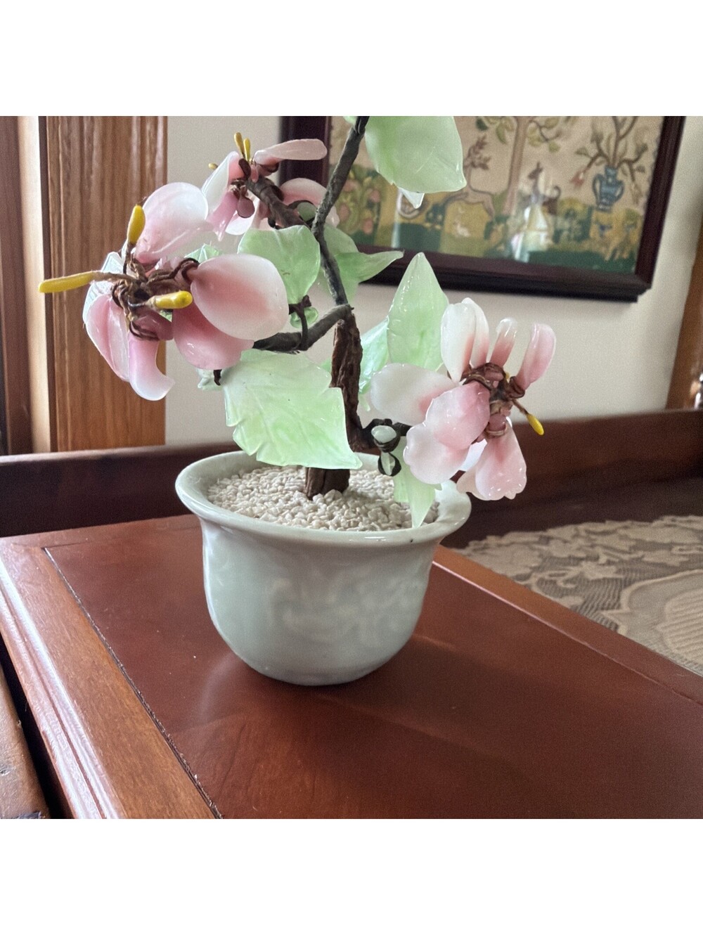 Vintage Chinese Jade Glass Bonsai Tree Pink Cherry Blossom 8” Flower Celadon Pot - Picture 7 of 10